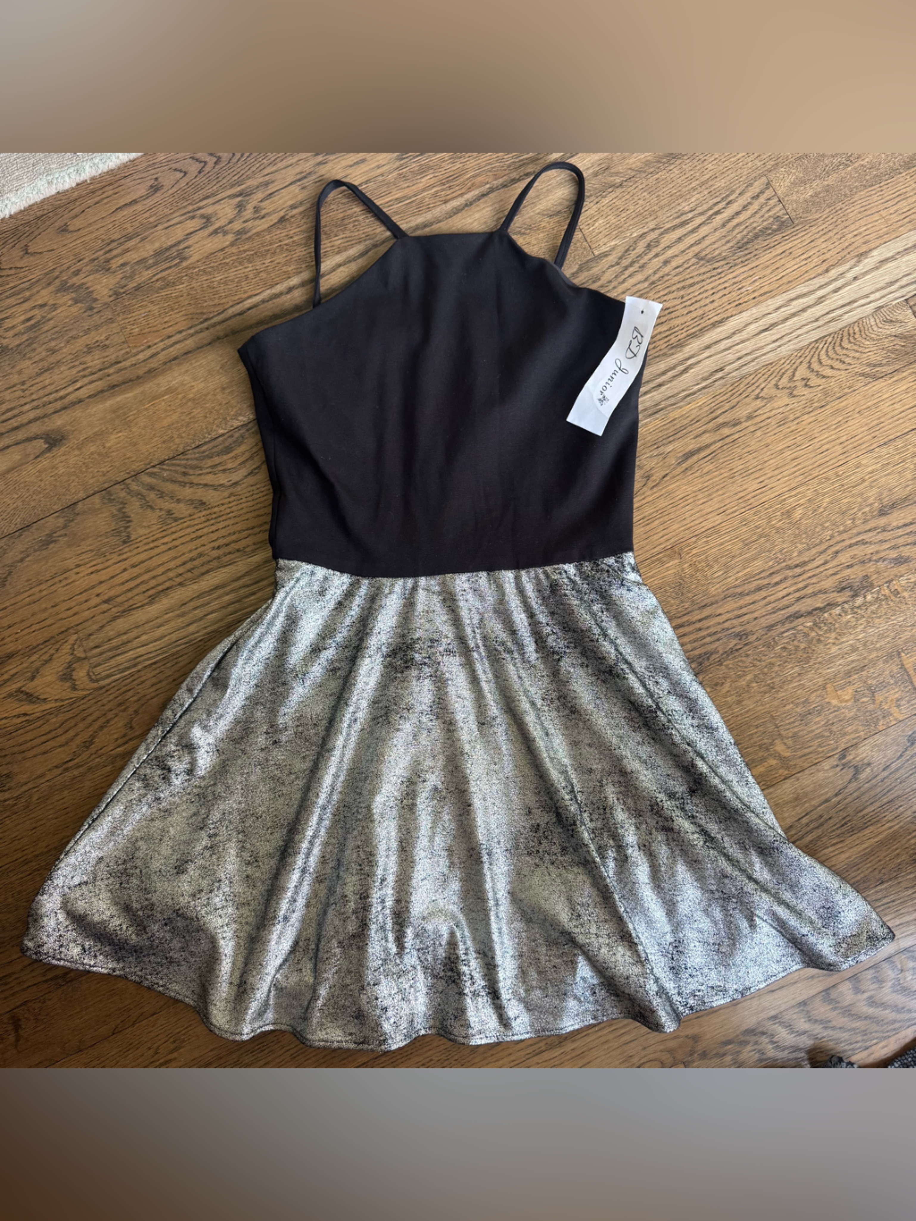 Bd Junior Nwt! Black And Silver Metallic Halter Top Dress